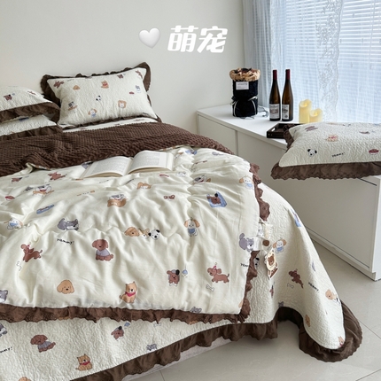 91家纺网 家纺一手货源 找家纺 佰织鑫家居 2024新款秋冬全棉法式床盖款豆豆被四件套 萌宠