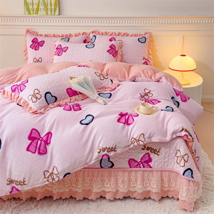 91家纺网 家纺一手货源 找家纺 铠畅 2025新款加厚牛奶绒床盖四件套 粉的蝴蝶结