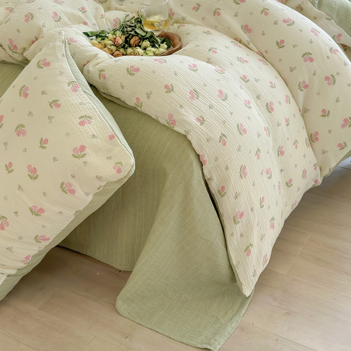 91家纺网 家纺一手货源 找家纺 木楌  2025新款全棉A类皱皱纱印花四件套 丁香-绿