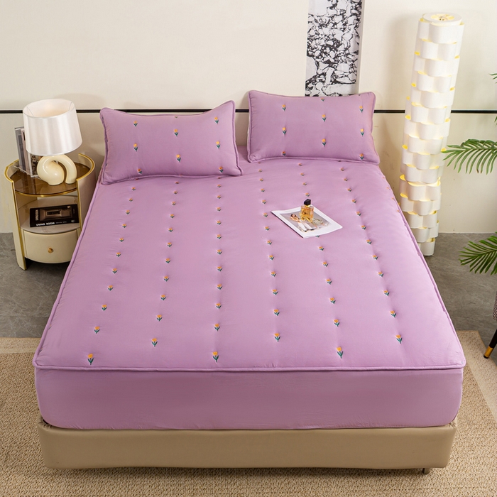 91家纺网 家纺一手货源 找家纺 米柳家纺 2024新款水洗棉大豆夹棉床笠 郁金香-黛紫