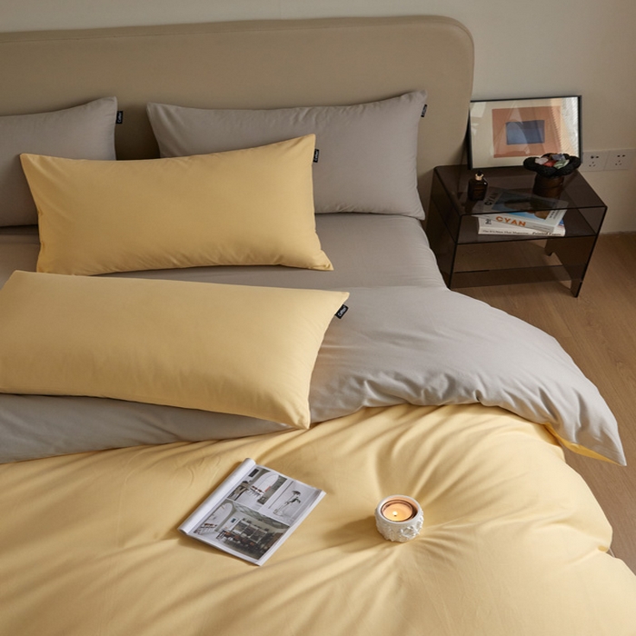 91家纺网 家纺一手货源 找家纺 涵宸家纺 2024新款全棉磨毛四件套纯厚系列（轻）-单被套 纯厚（嫩黄+漫灰）