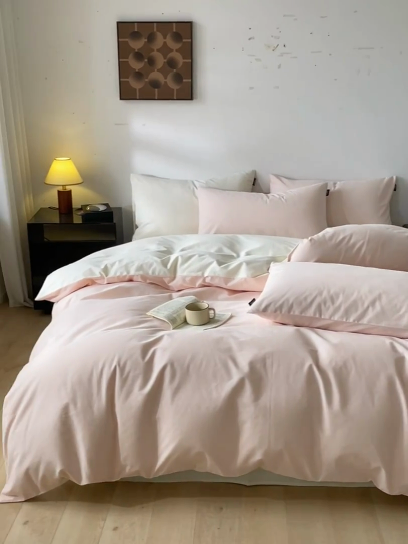 91家纺网 家纺一手货源 找家纺 涵宸家纺 2024新款全棉磨毛四件套纯厚系列（简）-四件套 纯厚（樱花粉+奶白）