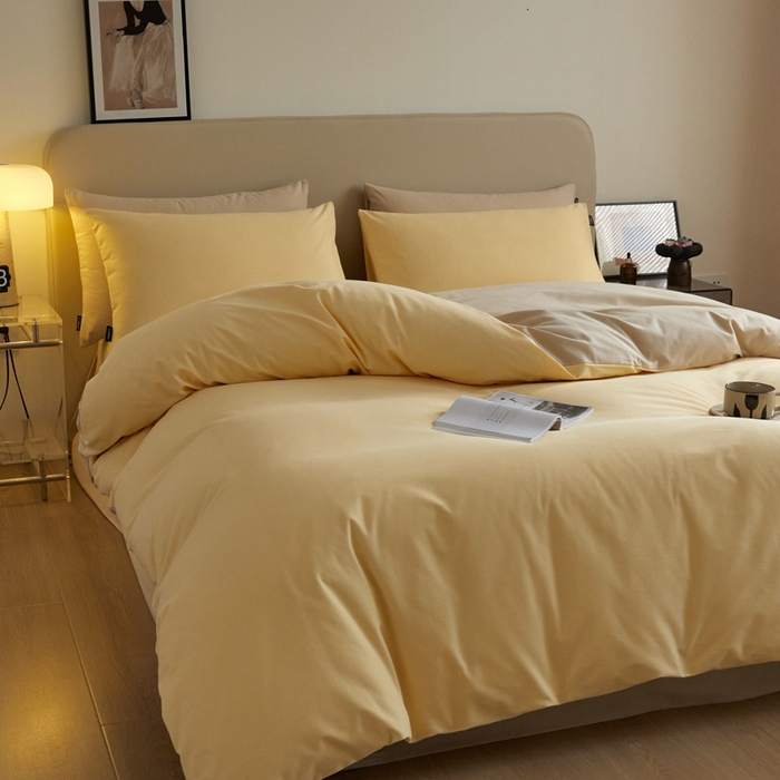 91家纺网 家纺一手货源 找家纺 涵宸家纺 2024新款全棉磨毛四件套纯厚系列（轻）-四件套 纯厚（嫩黄+茶色）