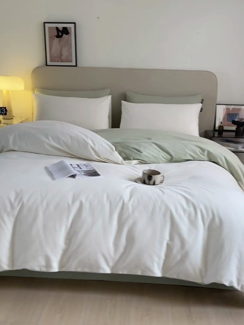 91家纺网 家纺一手货源 找家纺 涵宸家纺 2024新款全棉磨毛四件套纯厚系列（轻）-四件套 纯厚（奶白+绿）