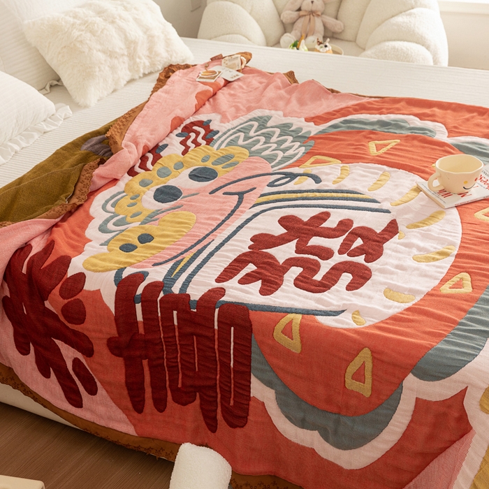 91家纺网 家纺一手货源 找家纺 乐家毛巾被 2024新款十层纱布泡芙被 恭喜发财