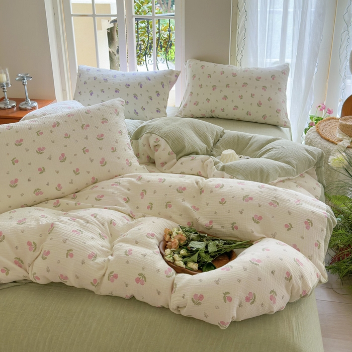 91家纺网 家纺一手货源 找家纺 木楌  2025新款全棉A类皱皱纱印花四件套 丁香-绿