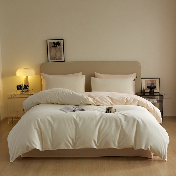 91家纺网 家纺一手货源 找家纺 涵宸家纺 2024新款全棉磨毛四件套纯厚系列（轻）-单被套 纯厚（奶白+白桃）