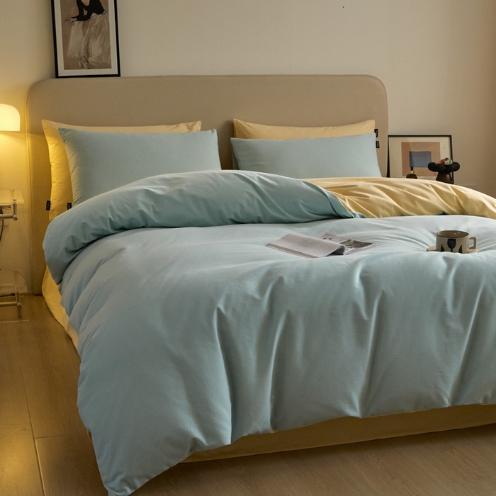 91家纺网 家纺一手货源 找家纺 涵宸家纺 2024新款全棉磨毛四件套纯厚系列（轻）-四件套 纯厚（爱琴海+黄）