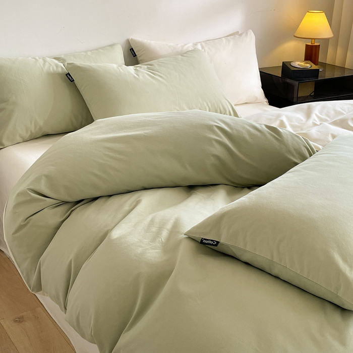 91家纺网 家纺一手货源 找家纺 涵宸家纺 2024新款全棉磨毛四件套纯厚系列（简）-四件套 纯厚（古今绿+奶白）