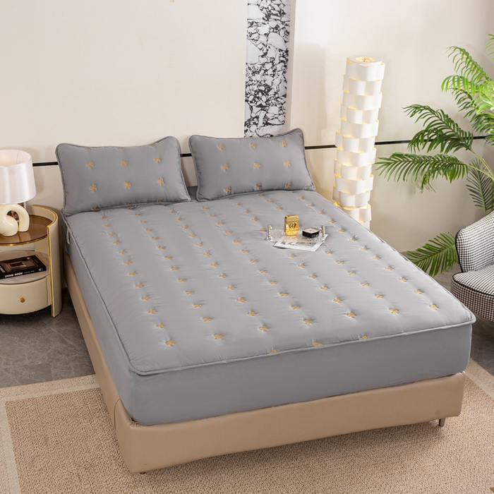 91家纺网 家纺一手货源 找家纺 米柳家纺 2024新款水洗棉大豆夹棉床笠 蝴蝶结-雅灰