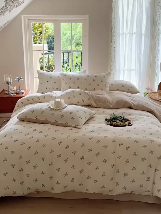 91家纺网 家纺一手货源 找家纺 木楌  2025新款全棉A类皱皱纱印花四件套 赫本熊