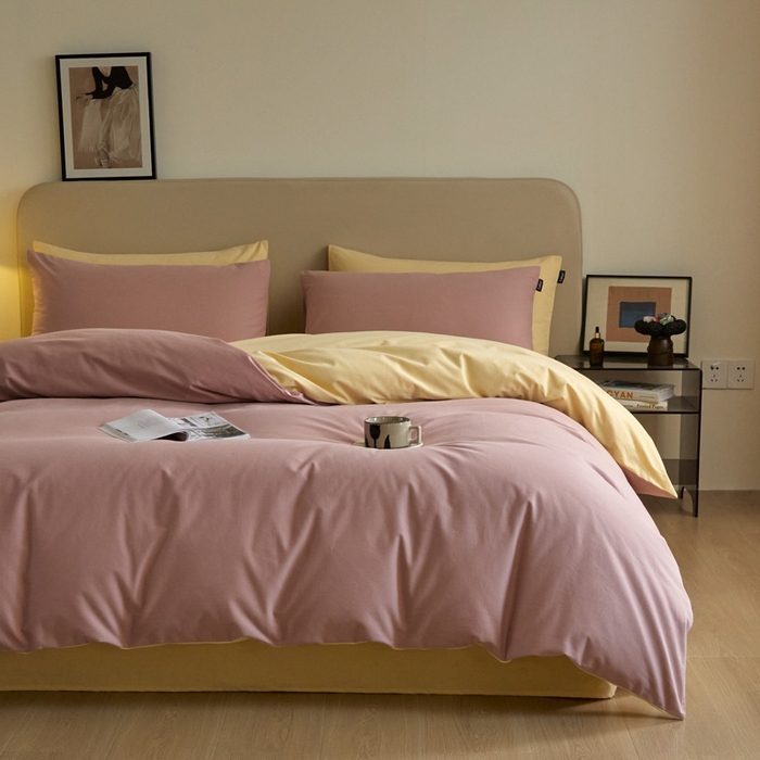 91家纺网 家纺一手货源 找家纺 涵宸家纺 2024新款全棉磨毛四件套纯厚系列（轻）-四件套 纯厚（豆沙+黄）