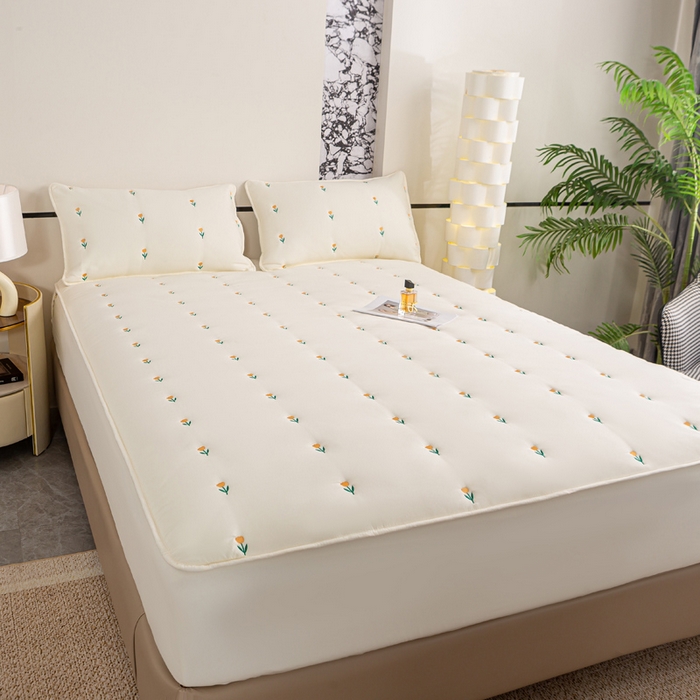 91家纺网 家纺一手货源 找家纺 米柳家纺 2024新款水洗棉大豆夹棉床笠 郁金香-米白