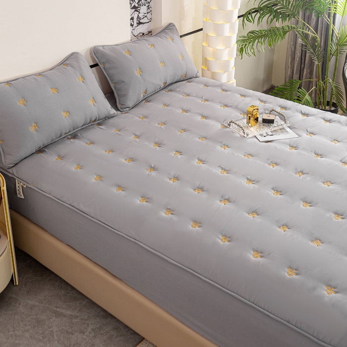 91家纺网 家纺一手货源 找家纺 米柳家纺 2024新款水洗棉大豆夹棉床笠 蝴蝶结-雅灰