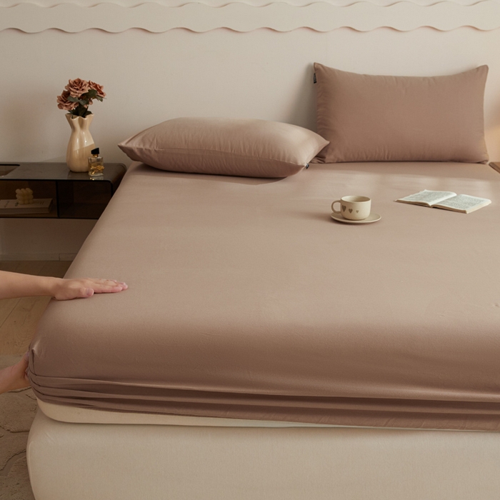 91家纺网 家纺一手货源 找家纺 涵宸家纺 2024新款全棉磨毛四件套纯厚系列-单床笠 a复古棕