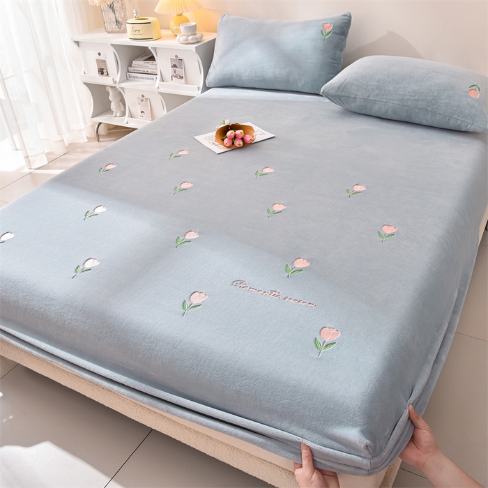 91家纺网 家纺一手货源 找家纺 笙意家纺 2025新款A类牛奶绒花卉刺绣单床笠 郁金香-海清