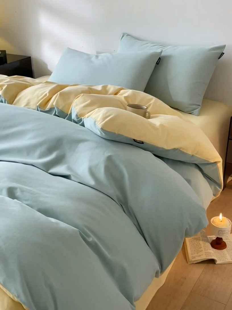 91家纺网 家纺一手货源 找家纺 涵宸家纺 2024新款全棉磨毛四件套纯厚系列（简）-四件套 纯厚（爱琴海+黄）