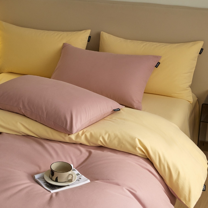 91家纺网 家纺一手货源 找家纺 涵宸家纺 2024新款全棉磨毛四件套纯厚系列（轻）-四件套 纯厚（豆沙+黄）