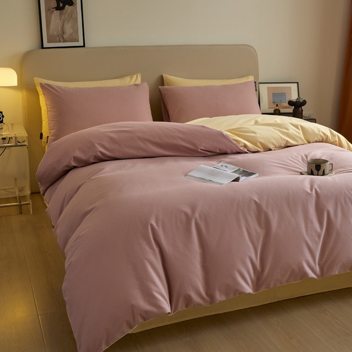 91家纺网 家纺一手货源 找家纺 涵宸家纺 2024新款全棉磨毛四件套纯厚系列（轻）-四件套 纯厚（豆沙+黄）