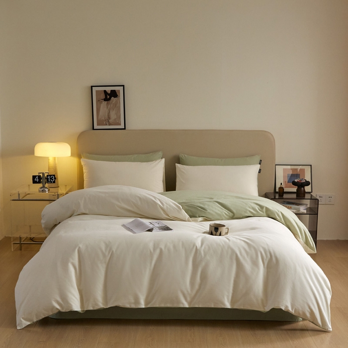 91家纺网 家纺一手货源 找家纺 涵宸家纺 2024新款全棉磨毛四件套纯厚系列（轻）-四件套 纯厚（奶白+绿）