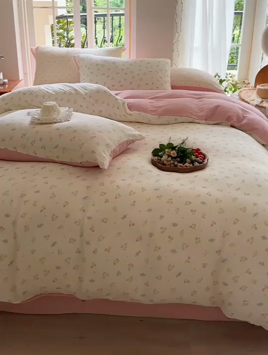 91家纺网 家纺一手货源 找家纺 木楌  2025新款全棉A类皱皱纱印花四件套 沁香