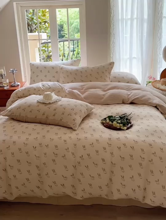 91家纺网 家纺一手货源 找家纺 木楌  2025新款全棉A类皱皱纱印花四件套美芽