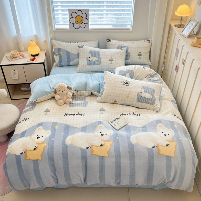 91家纺网 家纺一手货源 找家纺 捌月 2024新款童话镇系列高克重印花牛奶绒四件套卡通小清新加厚保暖绒套件 班尼