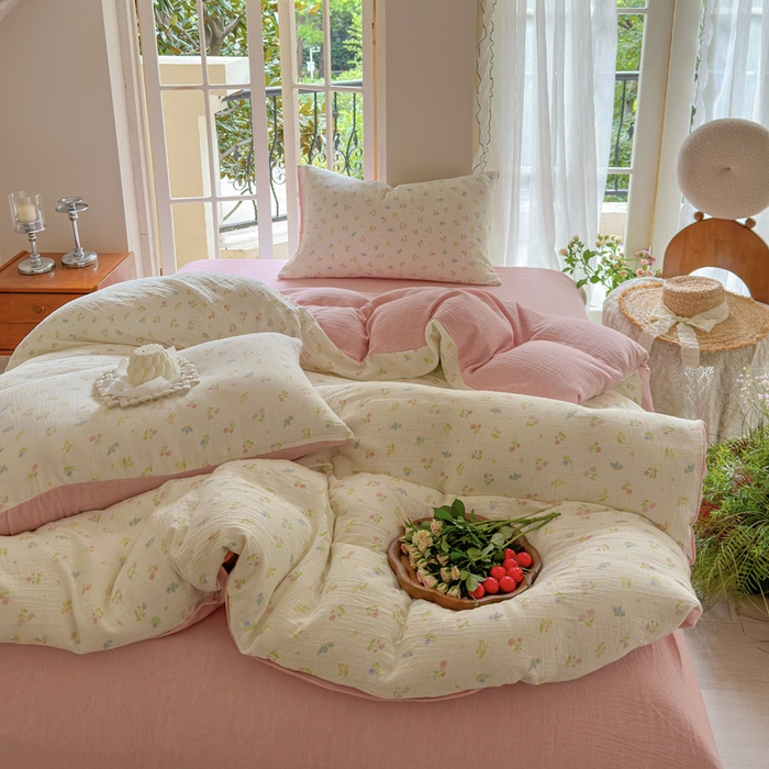 91家纺网 家纺一手货源 找家纺 木楌  2025新款全棉A类皱皱纱印花四件套 沁香