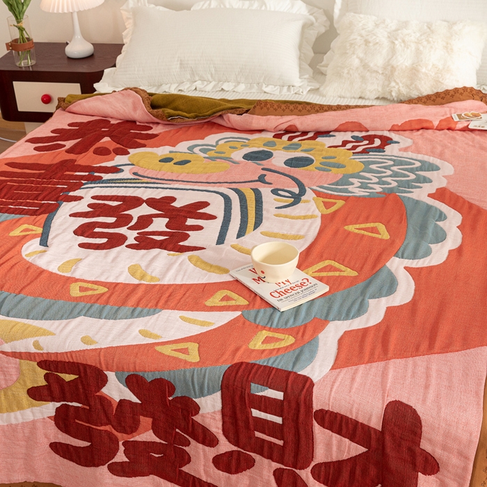 91家纺网 家纺一手货源 找家纺 乐家毛巾被 2024新款十层纱布泡芙被 恭喜发财