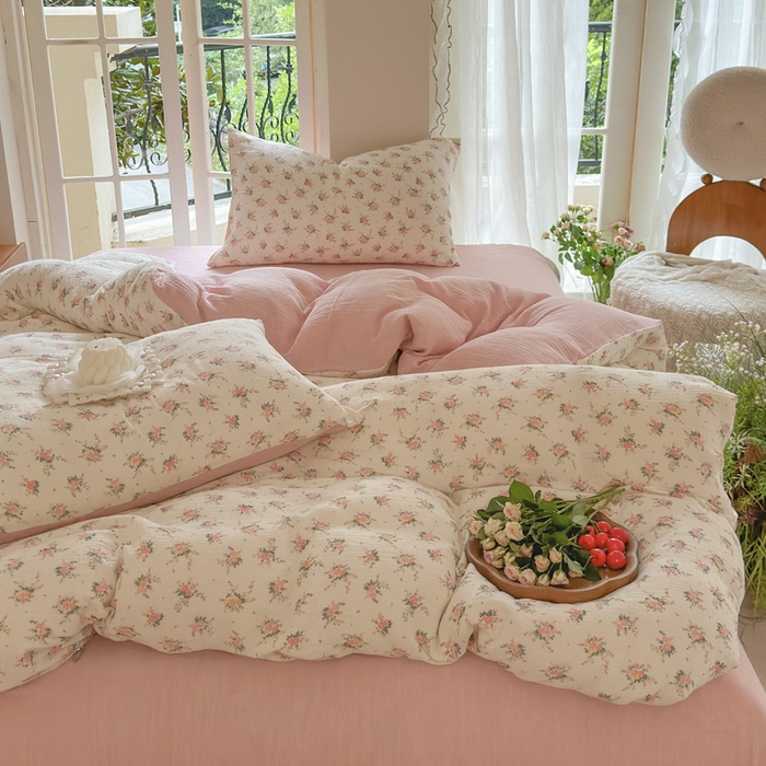 91家纺网 家纺一手货源 找家纺 木楌  2025新款全棉A类皱皱纱印花四件套 浅汐