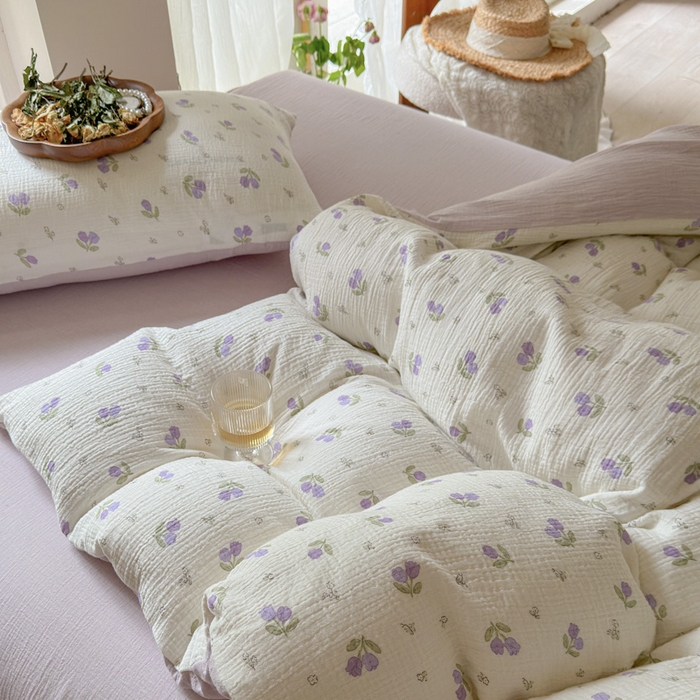 91家纺网 家纺一手货源 找家纺 木楌  2025新款全棉A类皱皱纱印花四件套 丁香-紫