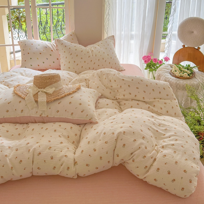 91家纺网 家纺一手货源 找家纺 木楌  2025新款全棉A类皱皱纱印花四件套 春泥