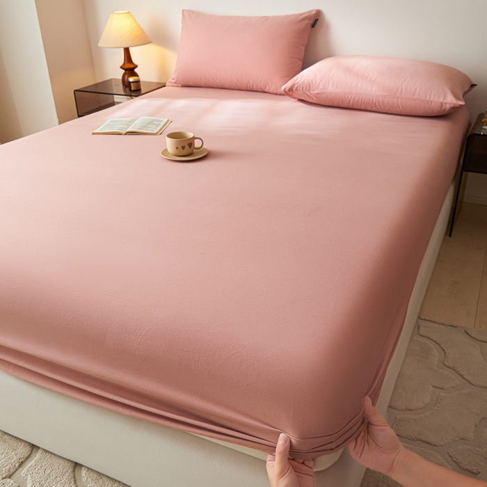 91家纺网 家纺一手货源 找家纺 涵宸家纺 2024新款全棉磨毛四件套纯厚系列-单床笠 a豆沙