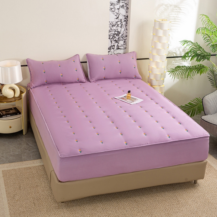 91家纺网 家纺一手货源 找家纺 米柳家纺 2024新款水洗棉大豆夹棉床笠 郁金香-黛紫