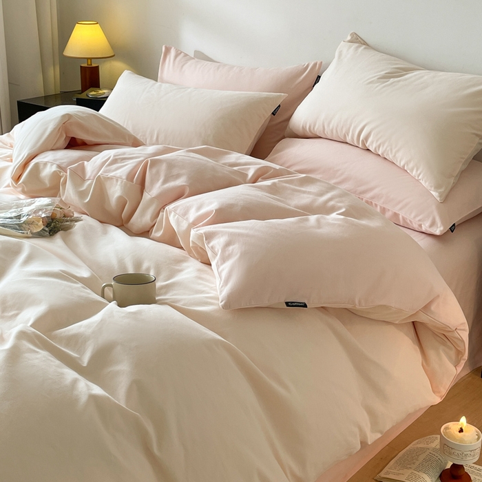 91家纺网 家纺一手货源 找家纺 涵宸家纺 2024新款全棉磨毛四件套纯厚系列（简）-四件套 纯厚（白桃+粉）