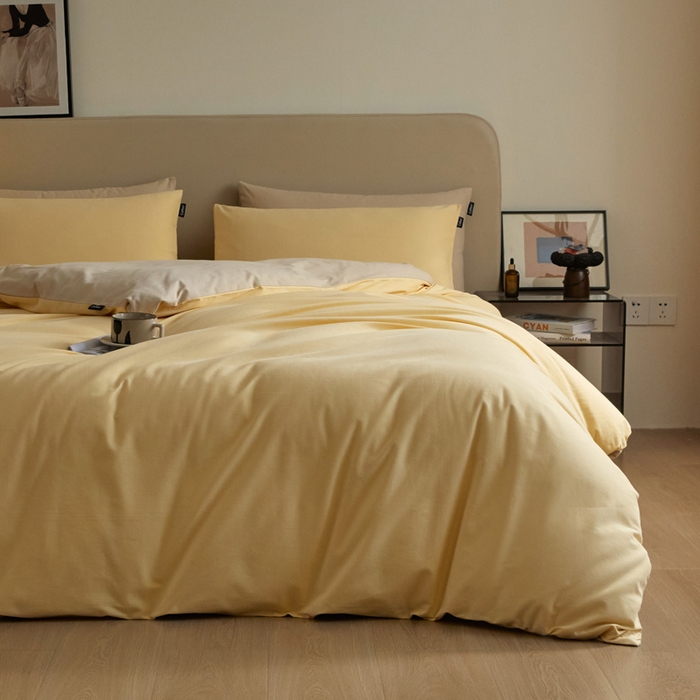 91家纺网 家纺一手货源 找家纺 涵宸家纺 2024新款全棉磨毛四件套纯厚系列（轻）-单被套 纯厚（嫩黄+茶色）