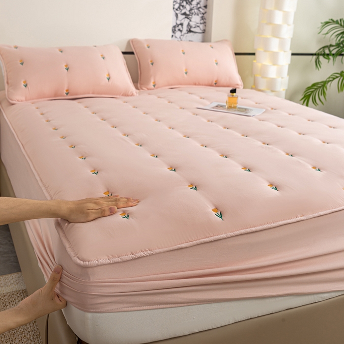 91家纺网 家纺一手货源 找家纺 米柳家纺 2024新款水洗棉大豆夹棉床笠 郁金香-粉玉