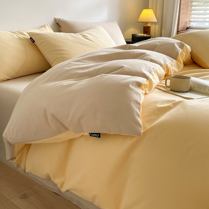 91家纺网 家纺一手货源 找家纺 涵宸家纺 2024新款全棉磨毛四件套纯厚系列（简）-四件套 纯厚（嫩黄+茶色）