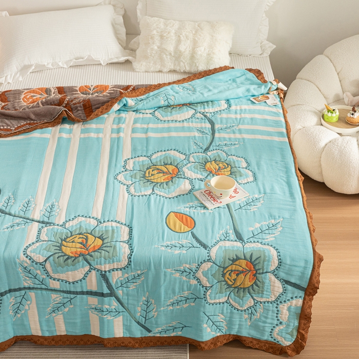 91家纺网 家纺一手货源 找家纺 乐家毛巾被 2024新款十层纱布泡芙被 蓝底芙蓉