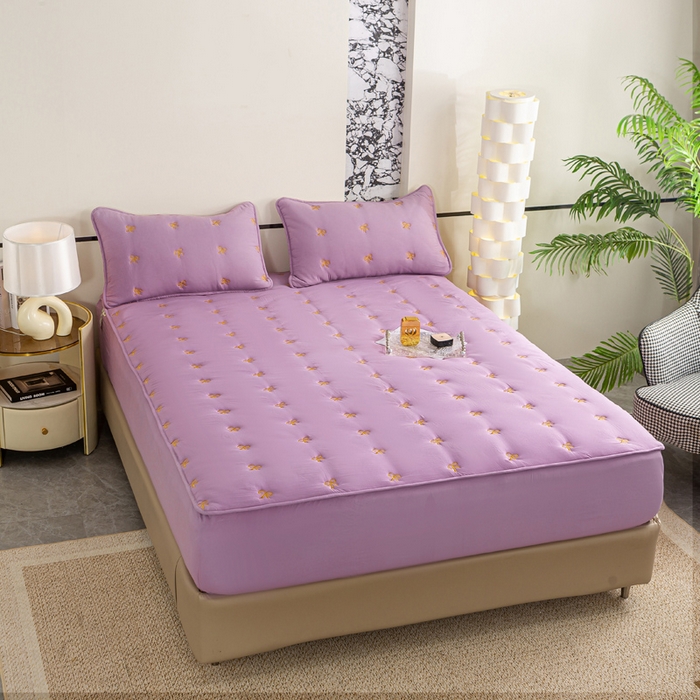 91家纺网 家纺一手货源 找家纺 米柳家纺 2024新款水洗棉大豆夹棉床笠 蝴蝶结-黛紫