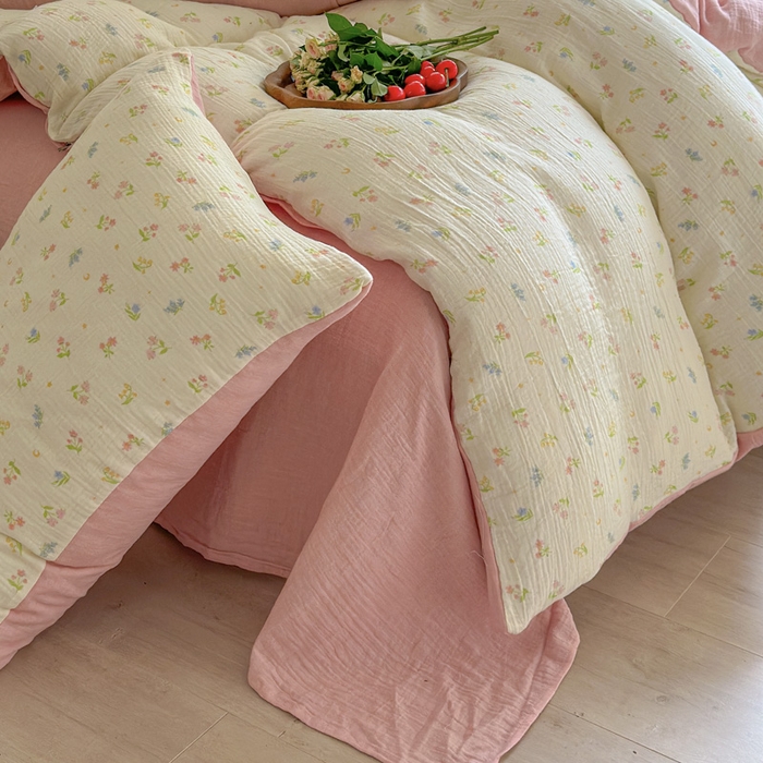 91家纺网 家纺一手货源 找家纺 木楌  2025新款全棉A类皱皱纱印花四件套 沁香