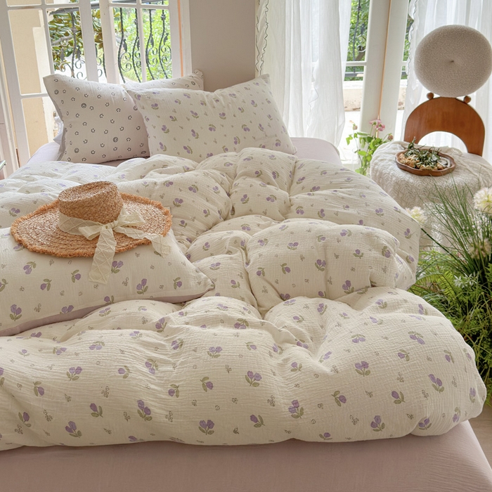 91家纺网 家纺一手货源 找家纺 木楌  2025新款全棉A类皱皱纱印花四件套 丁香-紫