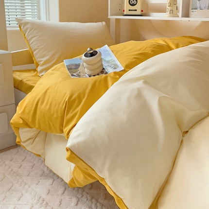 2024新款A类加密全棉40支13376简约风双拼纯色纯棉四件套单被套枕套三件套 米黄+亮黄