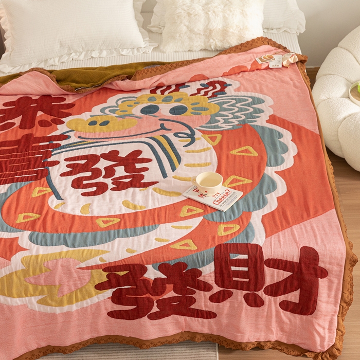 91家纺网 家纺一手货源 找家纺 乐家毛巾被 2024新款十层纱布泡芙被 恭喜发财