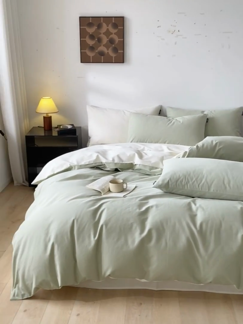 91家纺网 家纺一手货源 找家纺 涵宸家纺 2024新款全棉磨毛四件套纯厚系列（简）-四件套 纯厚（古今绿+奶白）