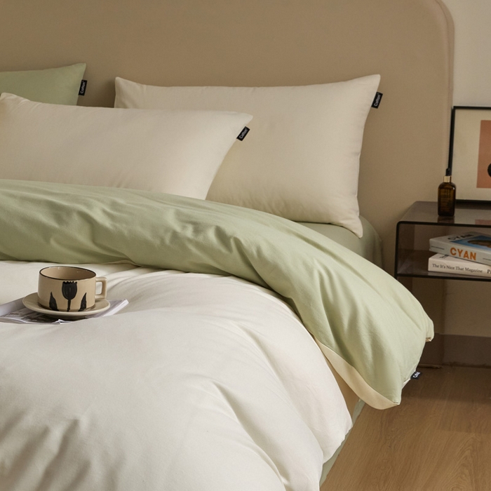 91家纺网 家纺一手货源 找家纺 涵宸家纺 2024新款全棉磨毛四件套纯厚系列（轻）-四件套 纯厚（奶白+绿）