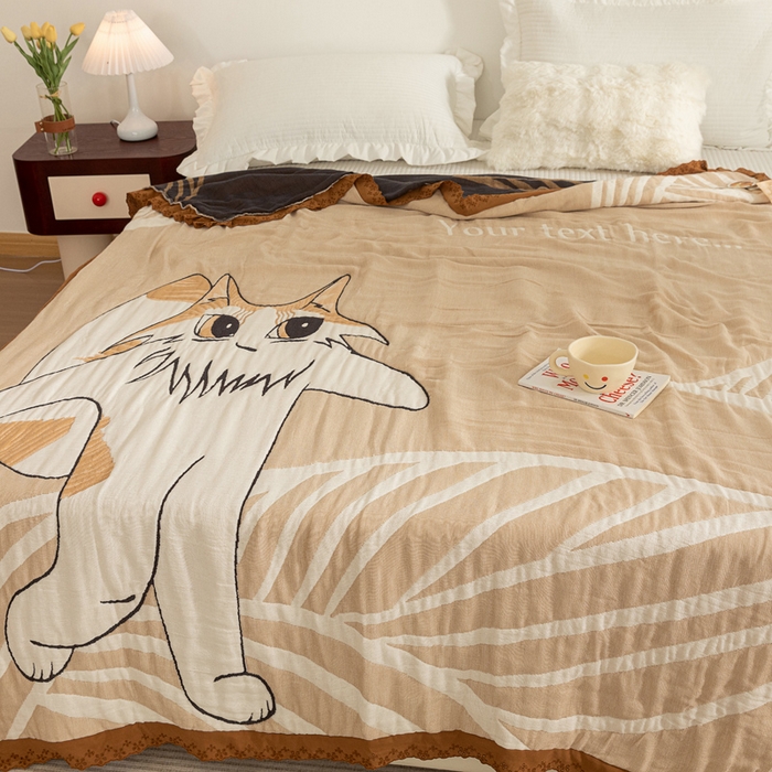 91家纺网 家纺一手货源 找家纺 乐家毛巾被 2024新款十层纱布泡芙被 旅行猫