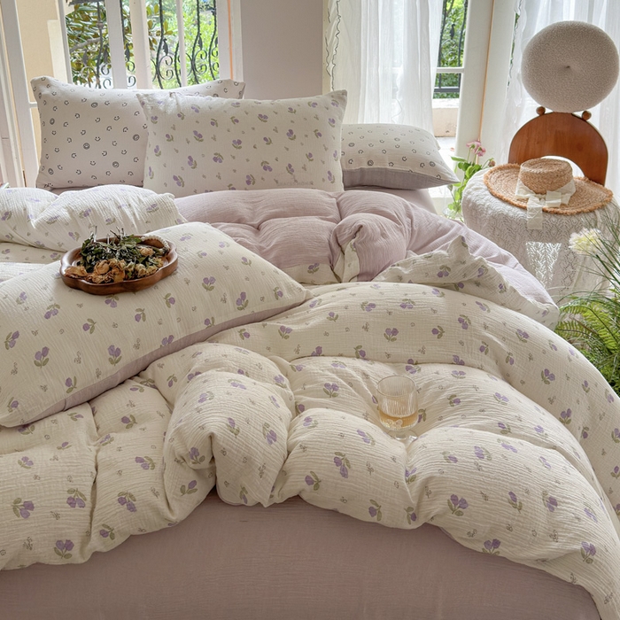 91家纺网 家纺一手货源 找家纺 木楌  2025新款全棉A类皱皱纱印花四件套 丁香-紫