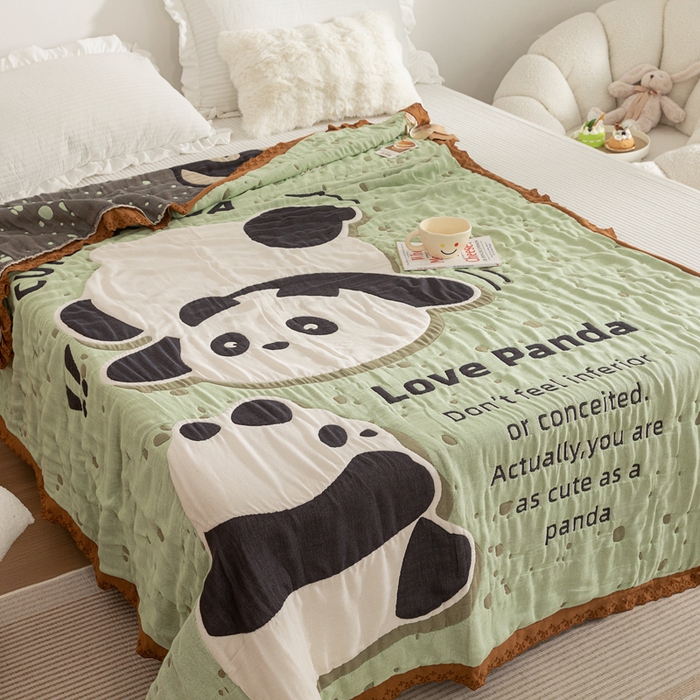 91家纺网 家纺一手货源 找家纺 乐家毛巾被 2024新款十层纱布泡芙被 绿地熊猫