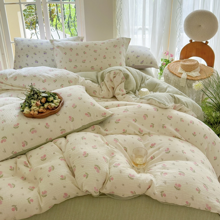 91家纺网 家纺一手货源 找家纺 木楌  2025新款全棉A类皱皱纱印花四件套 丁香-绿